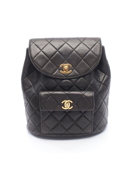 Chanel Backpack Quilted Black Lambskin Double Turnlock Chain